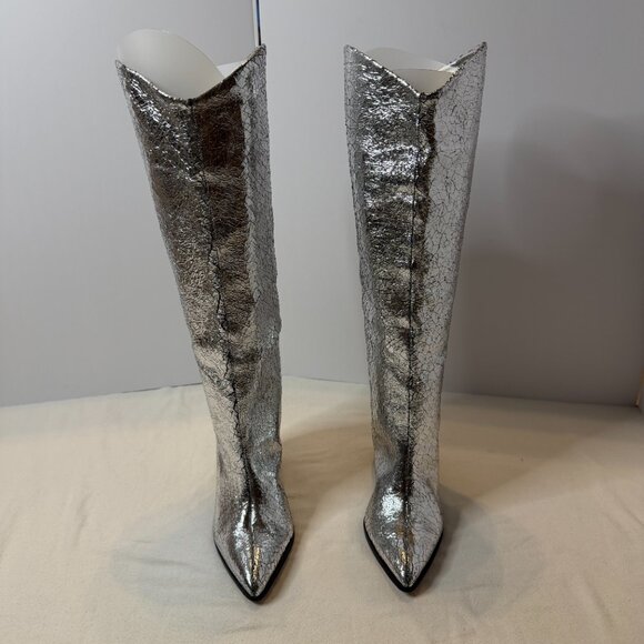 Schutz Maryana Block Crackled Leather Boot Silver Size 6 - Picture 8 of 12